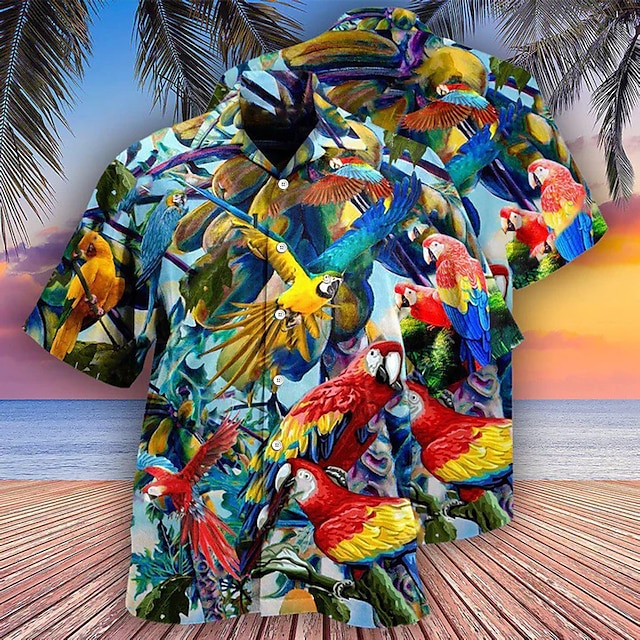 Mens Parrot Shirt Summer Hawaiian Shirt Camp Collar Shirt Short Sleeve