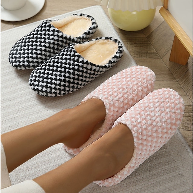  Women's Slippers Fuzzy Slippers Fluffy Slippers House Slippers Warm Slippers Home Daily Winter Flat Heel Round Toe Casual Comfort Minimalism Satin Loafer Pink dot Black and white dots coffee point