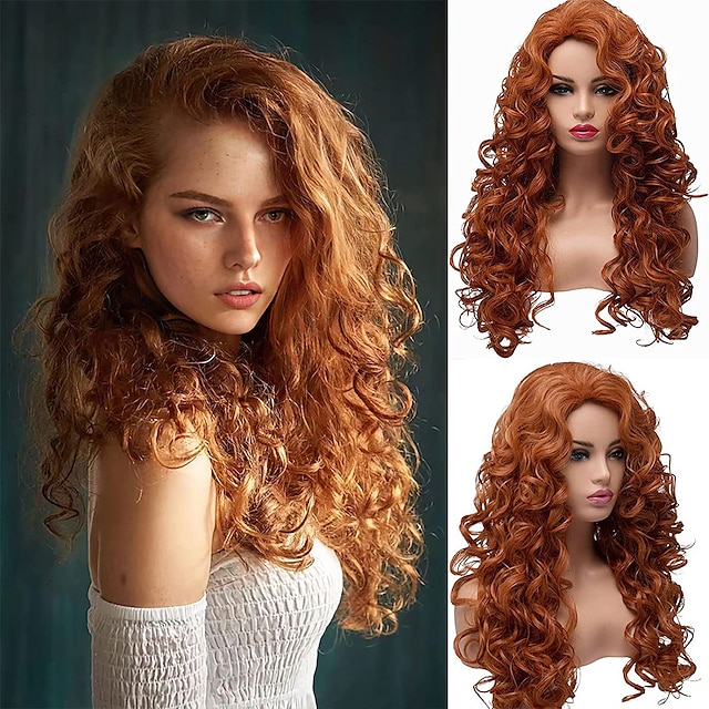  Long Fox Red Hair Curly Wavy Full Head Halloween Wigs for Women Cosplay Costume Party Hairpiece