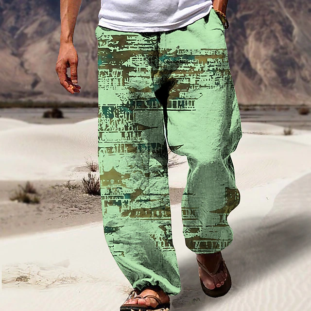 Men's Trousers Summer Pants Beach Pants Drawstring Elastic Waist 3D Print Graphic Prints Geometry Comfort Casual Daily Holiday Streetwear Hawaiian Light Green Navy Blue3