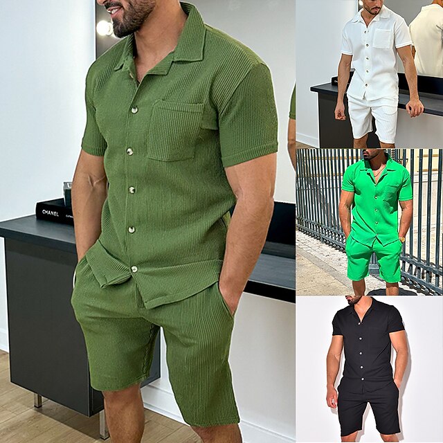 Men's 2 Piece Shirt Set Summer Shirt Button Up Shirt Casual Shirt Beach Shirt Black White Green Army Green Short Sleeve Plain Camp Collar Daily Vacation Front Pocket Clothing Apparel Fashion Casual 7