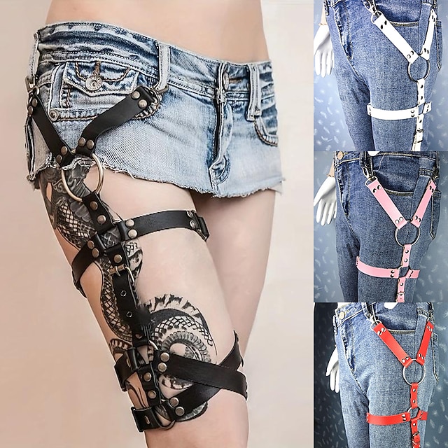  Arnés gótico de una sola pierna, cinturón de liga punk, cinturón ajustable con remaches negros para el muslo, accesorios vaqueros para mujer