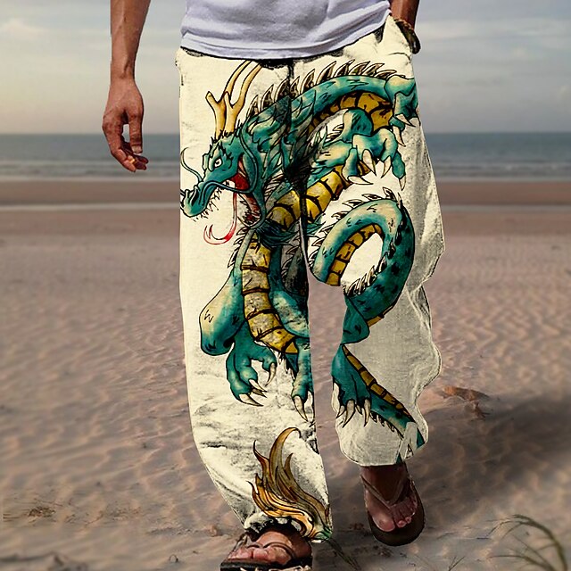 Dragon Beach Pants Mens Graphic | Summer Daily Holiday Black | Trousers Drawstring Elastic Waist 3D Print Animal Prints Comfort Casual Streetwear3