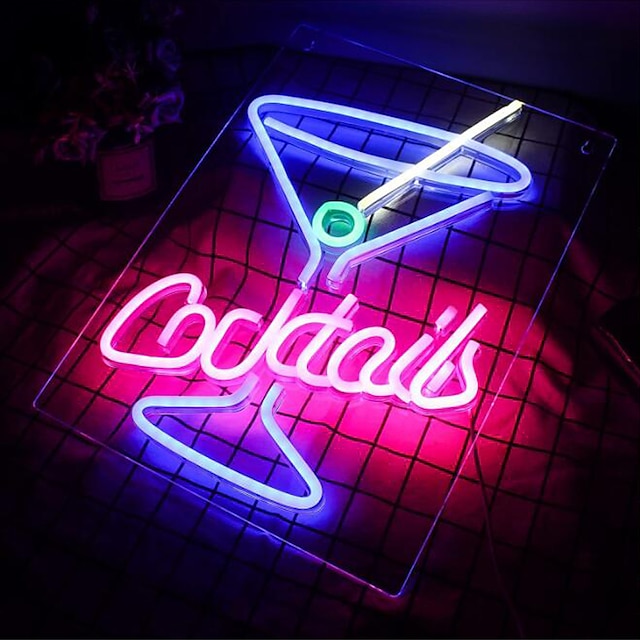  Neon Signs Cocktails LED Sign Blue Cocktail Glass Shaped Neon Light Sign Martini LED Neon Signs Wall Decor Man Cave Neon Bar Signs for Bar Shop Beer Bar Night Club