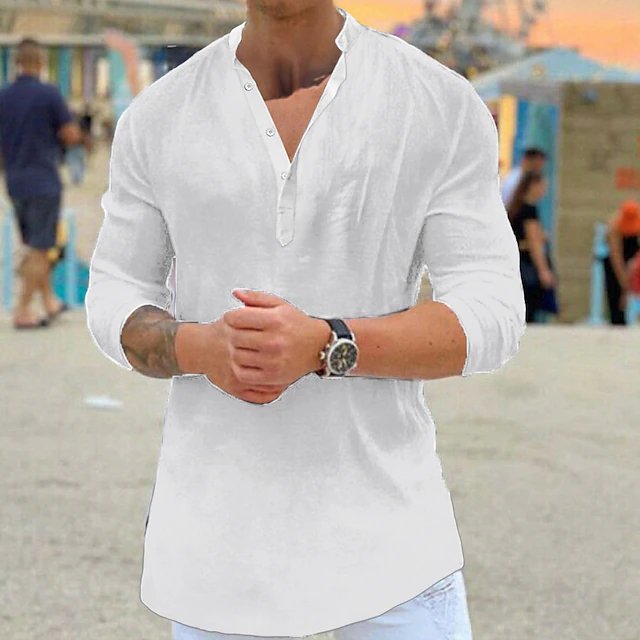 Men's Linen Shirt Shirt Summer Shirt Beach Shirt Black White Blue Long ...