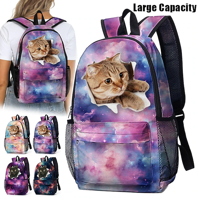 Galaxy Cat Print Backpack with Large Capacity – Cute Animal School Bag for Girls, Teens, and Cat Lovers, Ideal for School, Travel, or Daily Use 15