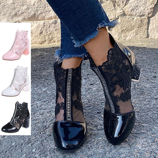  Women's Boots Plus Size Sandals Boots Summer Boots Heel Boots Solid Color Embroidered Booties Ankle Boots Summer Spring Lace Block Heel Chunky Heel Round Toe Boots