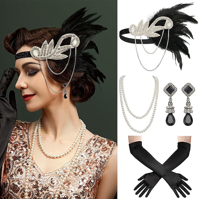 1920s Flapper Headband Feather Accessories Set for Women 4 PCS Roaring ...