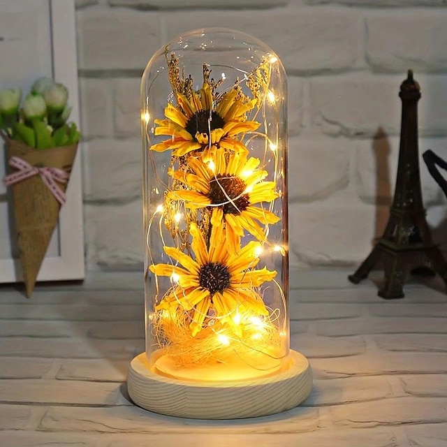  Sunflower Gifts Artificial Sunflower In Glass Dome With Led Light Strip For Birthday Anniversary  Home Decor Scene Decor