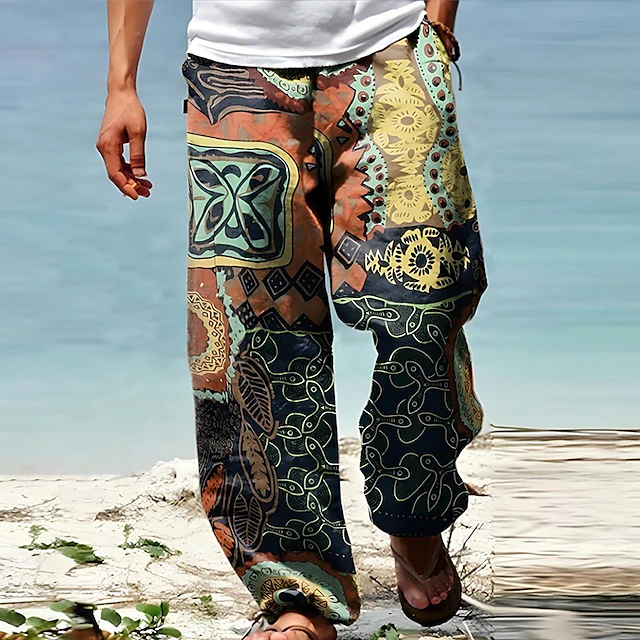 Men's Trousers Summer Pants Beach Pants Drawstring Elastic Waist 3D Print Graphic Prints Flower / Floral Comfort Casual Daily Holiday Streetwear Hawaiian Yellow Red4