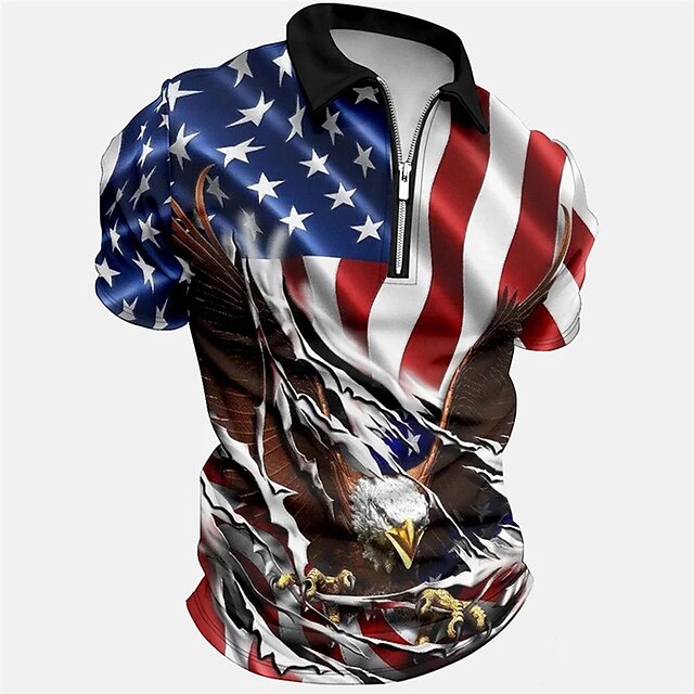 Men's American Flag Veterans Zip Polo Shirts Golf Shirt Short Sleeve Polo Shirts Collared Shirts Casual Streetwear Vacation Wear Party Outfits 3D Print Quarter Zip Polo Blue2