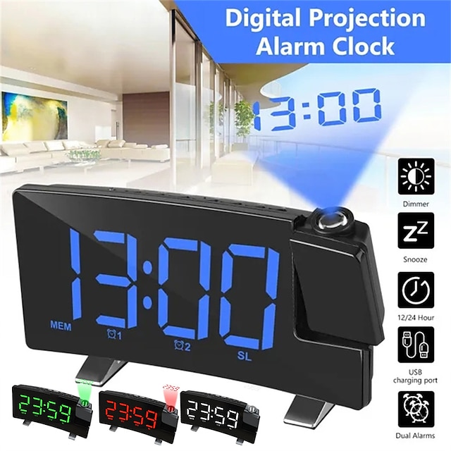  projektionsklockor fm-radio böjd skärm digital väckarklocka led-display med dimmer dubbelt larm med usb-laddningsport 12/24 timmar reservbatteri för klockinställning