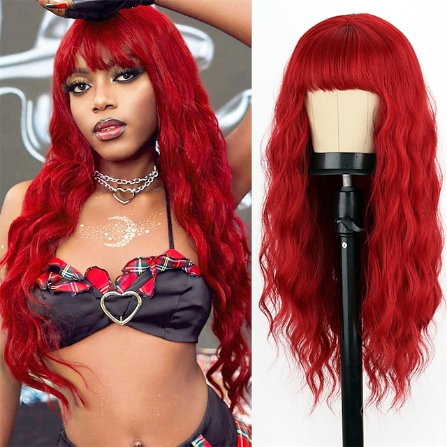  peluca larga ondulada roja con flequillo pelucas sintéticas de pelo largo rojo para mujer vino rojo rizado cosplay peluca burdeos para niñas uso diario en fiestas