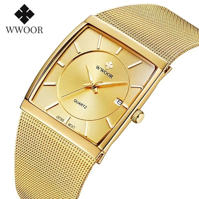  Men's Square Ultra-thin Watch WWOOR Luxury Gold Watch Men's Quartz Steel Mesh Waterproof Watch Box Gift Relogio Masculino