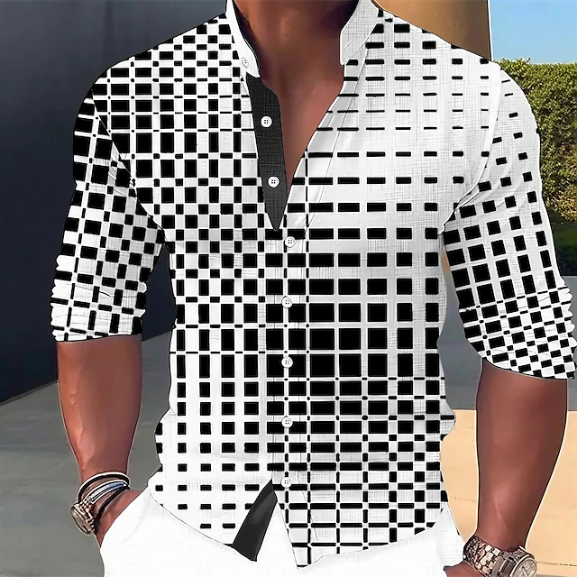 Men's Plaid / Check Geometric Pattern Geometry Shirt Button Up Shirt Long Sleeve Fashion Streetwear Designer Outdoor Casual Daily Summer Spring Fall Stand Collar Print Black White Light Green Pink 7