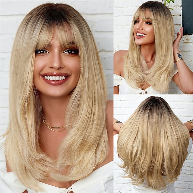  Ombre blonde longue perruque droite avec une frange racine foncée cheveux longs avec une frange apparence naturelle perruque synthétique résistante à la chaleur partie de jeu quotidienne adaptée aux