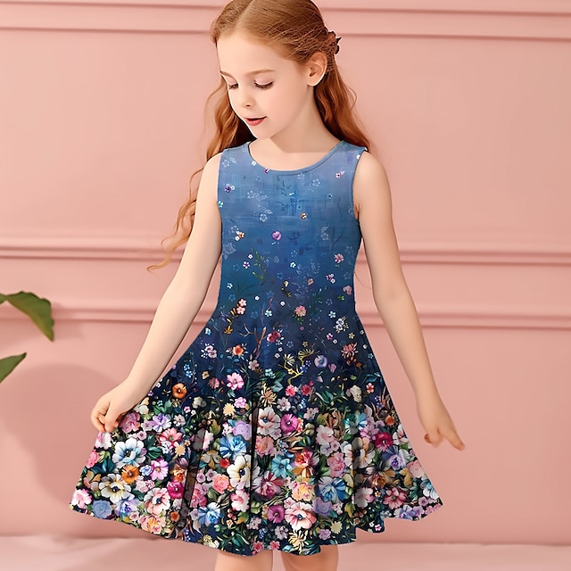  Girls' 3D Graphic Floral Dress Sleeveless 3D Print Summer Spring Sports & Outdoor Daily Holiday Cute Casual Sweet Kids 3-12 Years Casual Dress A Line Dress Tank Dress Above Knee Polyester Regular Fit