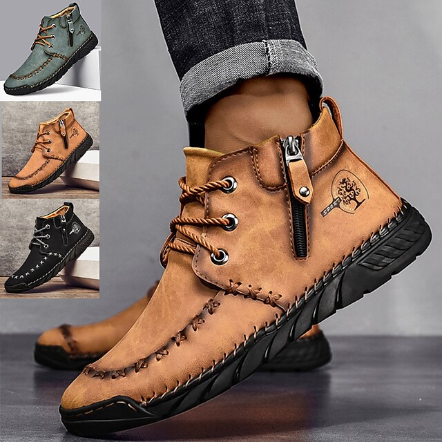  Men's Boots Plus Size Handmade Shoes Comfort Shoes Walking Vintage Casual Daily Leather Breathable Comfortable Slip Resistant Zipper Yellow brown Black Green Spring Winter