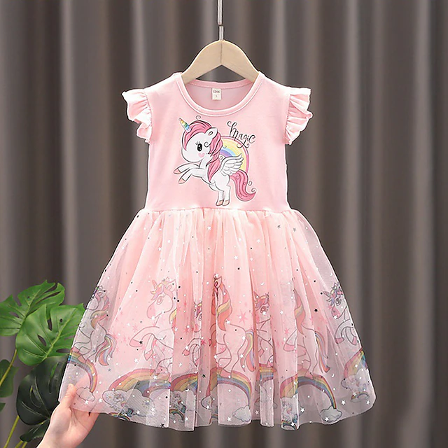 Kids Little Girls' Dress Unicorn A Line Dress Daily Holiday Mesh Print Blue Pink Knee-length Short Sleeve Princess Sweet Dresses Spring Summer Regular Fit 2-8 Years 8
