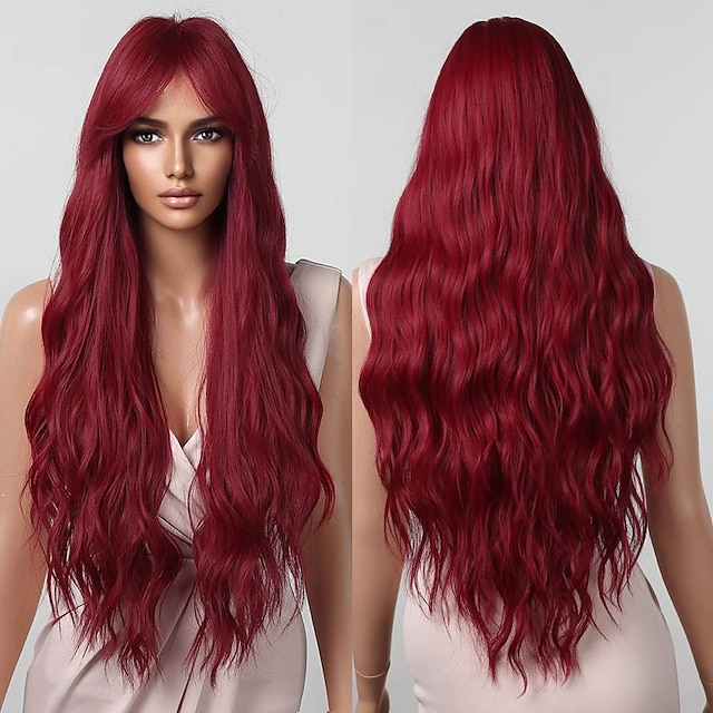  czerwone peruki dla kobiet cosplay długie naturalne faliste party peruka z włosów syntetycznych z grzywką