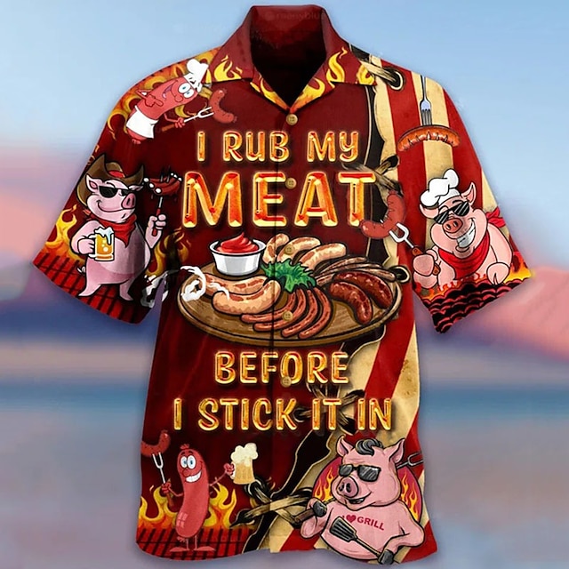  Hawaii Mens Graphic Shirt Rub My Meat Before Stick In Short Sleeve Button Down Tops Turndown Red Outdoor Street Fashion Casual Breathable Comfortable Cartoon Barbecue Blue It Cotton Button-Down