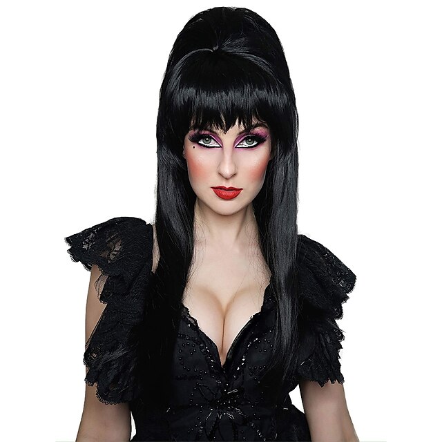  Parrucca Nera Mistress of the Dark Parrucca a Nido d'Ape Nera per Streghe Vampiri e Regine del Carnevale Parrucche di Halloween