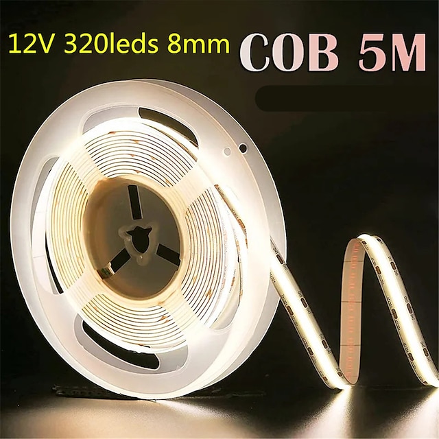  5m dc 12v led φωτιστικό λωρίδας cob 8mm γραμμικός φωτισμός υψηλής πυκνότητας 320leds φώτα με ταινία με κορδέλα ζεστό φυσικό λευκό ντεκόρ ra90