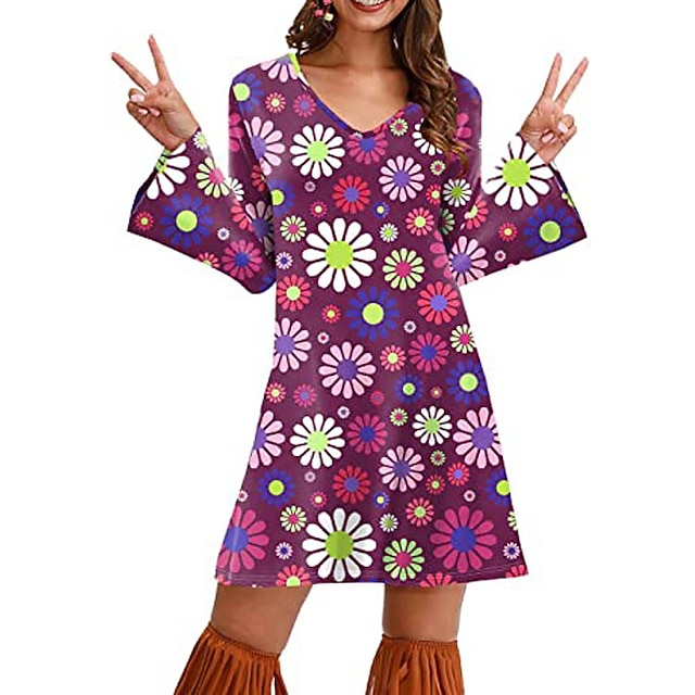 8-Piece 70s Hippie Costume Set For Women - Dress, Headscarf, Sunglasses, Necklace, Earrings, Headband, Bracelet, Disco Party Outfit