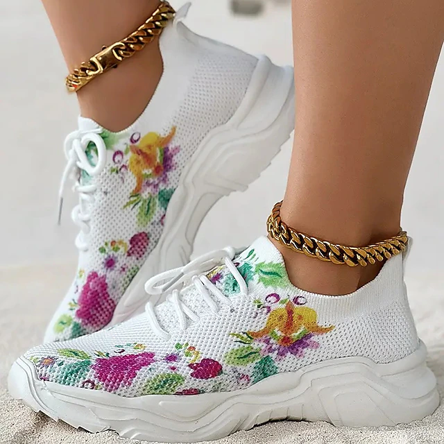 Women's Floral Print Breathable Knit Sneakers – Lightweight Lace-Up Athletic Shoes for Casual Wear 18