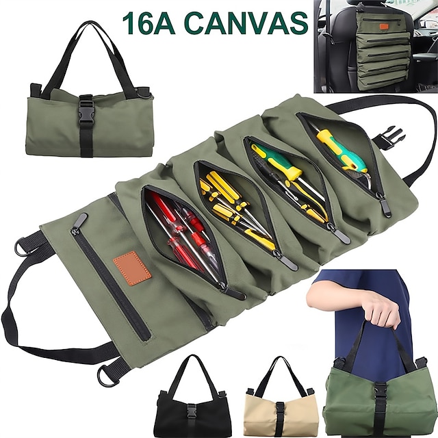  NEW Multi-Purpose Roll Up Tool Bag Hanging Canvas Wrench Tool Bag Storage Bag with 5 Zipper Bags Tool Car Accessories