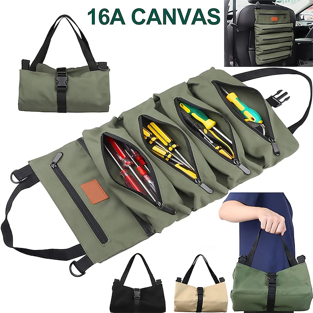NEW Multi-Purpose Roll Up Tool Bag Hanging Canvas Wrench Tool Bag Storage Bag with 5 Zipper Bags Tool Car Accessories 19