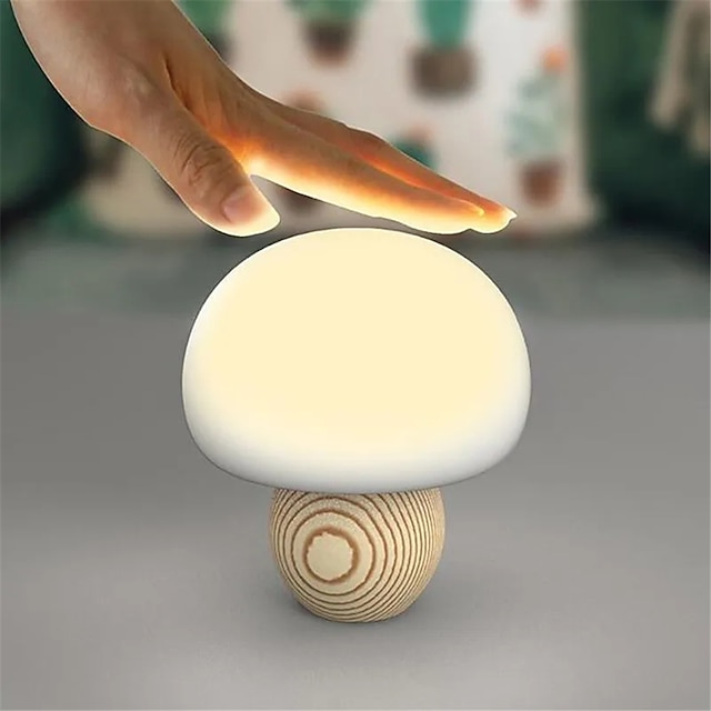  Niedliche Mini-LED-Pilzlampe mit Holzsockel, Touch-Steuerung, kreative magnetische Drucksensor-Nachtlichter, wiederaufladbare USB-Baby-Nachttischlampen, wasserdichte Nachtlampen