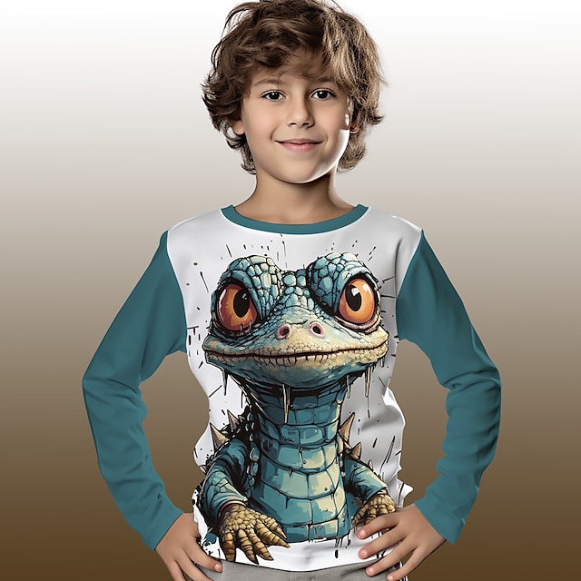  Pojkar 3D Grafisk Tecknat Krokodil T-shirt Långärmad 3D-tryck Sommar Vår Höst Sport Mode Streetwear Polyester Barn 3-12 år Utomhus Ledigt Dagligen Normal