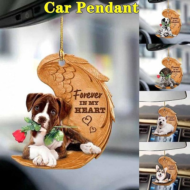  Cute Angel Wing Dog Forever In My Heart Hanging Ornament Cartoon Cute Pendant Car Bag Keychain Pendant Car Ornaments For Rear View Mirror Interior Car Decoration