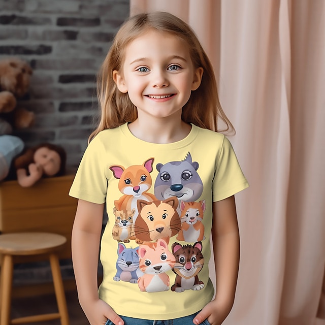  Voor meisjes 3D Grafisch dier Tekenfilm T-shirt Korte mouw 3D-afdrukken Zomer Lente Actief Modieus leuke Style Polyester Kinderen 3-12 jaar Buiten Casual Dagelijks Normale pasvorm