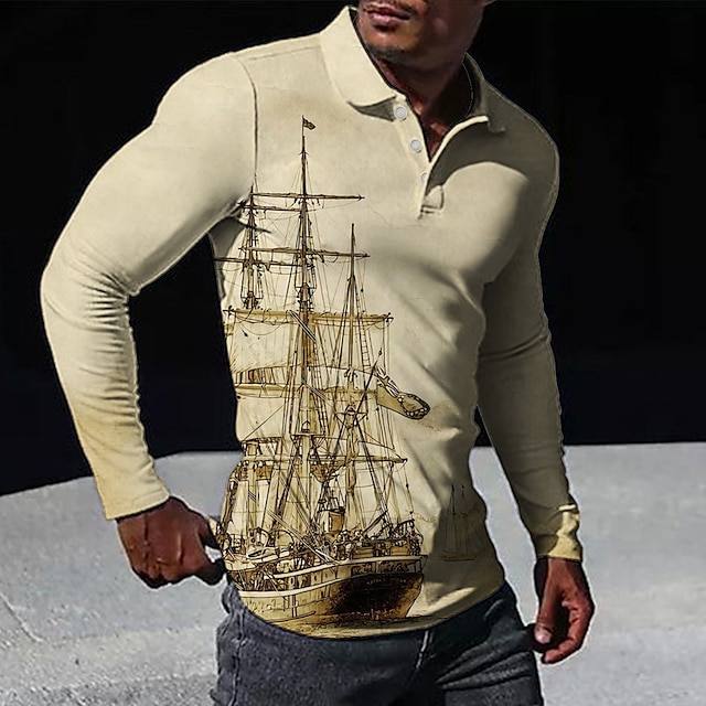  Bărbați Tricou POLO Cămașă de golf Imprimeu Grafic Epocă Barcă navigare Răsfrânt Trifoi Kaki Gri În aer liber Stradă Manșon Lung Imprimeu Îmbrăcăminte Modă Șic Stradă Designer Moale