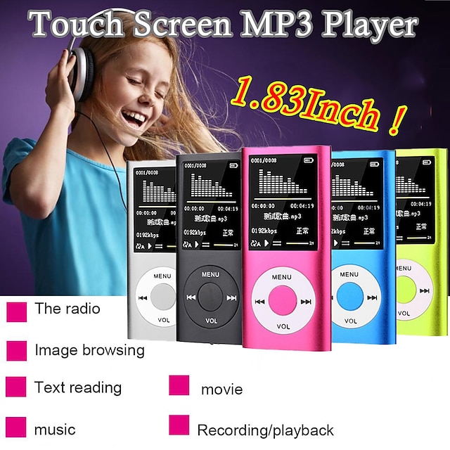  1,8 tommers mp3-spiller bærbar oppladbar stereo musikkspiller berøringsskjerm videospiller FM-radio videoopptaker e-bokspiller