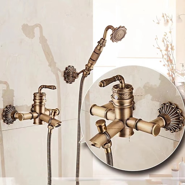  Shower Faucet Set Wall Mounted Vintage Brass, Shower System Handheld Sprayer, with Tub Spout Cold and Hot Hose