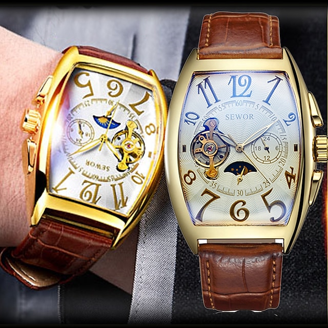  SEWOR Automatic Mechanical Men Watch Moon Phase Square Dial Leather Skeleton Clock Relogio Masculino