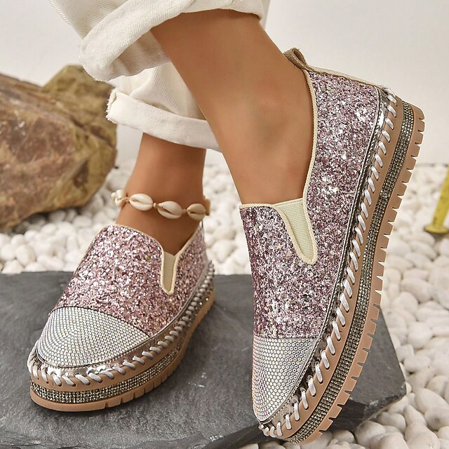 Women's Glitter Slip-On Loafers – Sparkly Rhinestone Embellished Platform Shoes for Casual Wear and Summer Outings 19