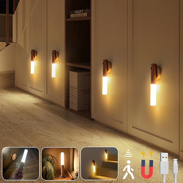  LED PIR Human Motion Sensor Wall Lamp USB Wood Stick Move Night Light Magnetic Corridor Cabinet Wardrobe Light Home Decor Light