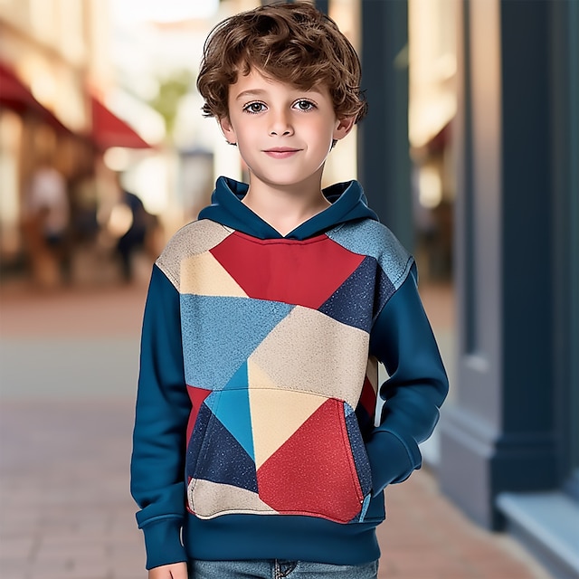  Boys 3D Graphic Geometric Color Block Hoodie Long Sleeve 3D Print Summer Spring Fall Fashion Streetwear Cool Polyester Kids 3-12 Years Outdoor Casual Daily Regular Fit