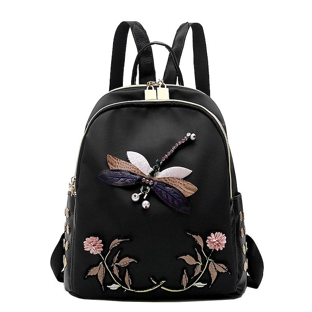 Women's Backpack School Bag Bookbag Commuter Backpack School Daily Solid Color Flower Oxford Cloth Large Capacity Waterproof Lightweight Embroidery Zipper Black