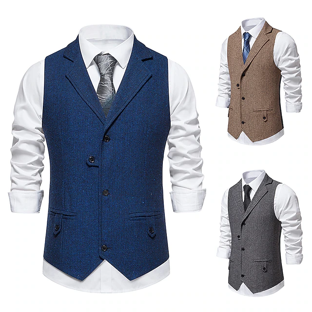 Men's Vest Waistcoat Business Evening Party Valentine's Day Vintage Fashion Spring & Fall Button Polyester Comfortable Plain Single Breasted Lapel Regular Fit Blue Dark Gray Brown Vest 10