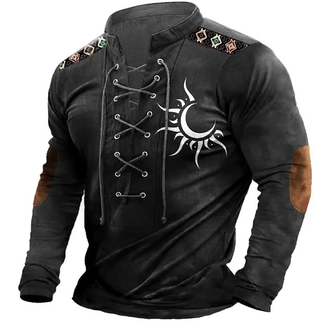 Men's Tribal Graphic Prints T Shirt Vintage Shirt Long Sleeve T shirt Standing Collar Shirt Designer Basic Casual Sports & Outdoor Daily Sports Black Navy Blue Brown Spring & Summer Clothing Apparel 5