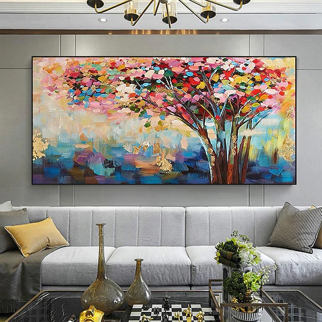 Handmade Oil Painting Canvas Wall Art Decor Original Colorful Colorful thick texture trees in full bloom for Home Decor With Stretched FrameWithout Inner Frame Painting 13