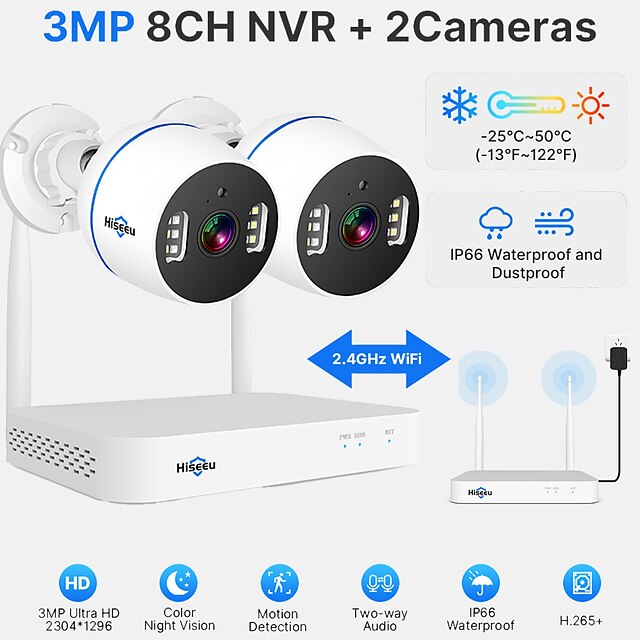  Hiseeu 3MP Wireless Surveillance Camera System Color Night Human Motion 2 Way Audio WiFi Outdoor Security Cameras Set 10CH NVR