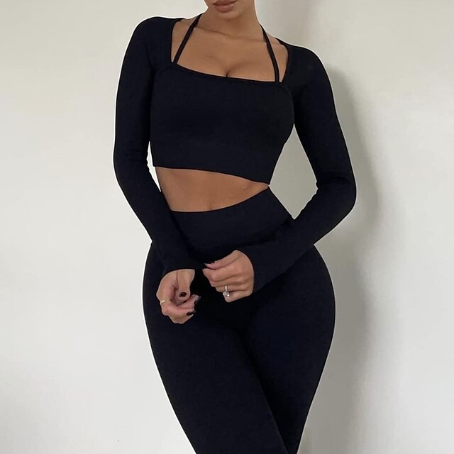 Women's Workout Sets 2 Piece Cropped Solid Color Clothing Suit Black ...