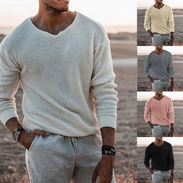  Men's Sweater Pullover Sweater Jumper Ribbed Knit Cropped Knitted V Neck Clothing Apparel Spring Fall Camel Gray / GRAY S M L