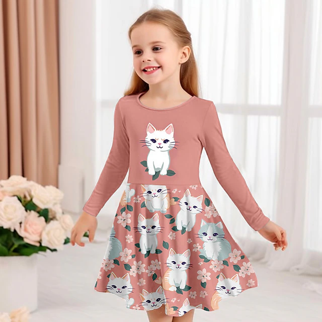 Girls' 3D Graphic Cartoon Cat Dress Long Sleeve 3D Print Summer Spring Fall Vacation Sports & Outdoor Daily Cute Casual Beautiful Kids 3-12 Years Casual Dress A Line Dress Above Knee Regular Fit 12